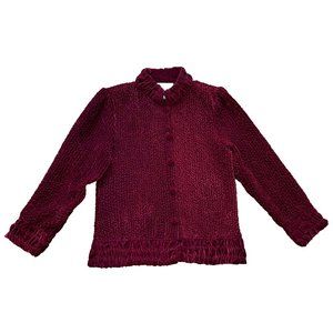Burgundy Crushed Velvet Cardigan Jacket Ruched Texture Vintage Jeune Jeunesse